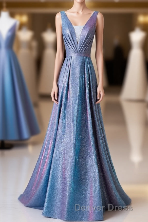 Unique Blue Sequin Long Prom Dresses, Blue Formal Dresses Main image