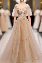 Champagne Round Neck Tulle Lace Long Prom Dresses, Formal Dresses