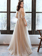 Champagne V Neck Tulle Lace Long Prom Dress Champagne Prom Dresses