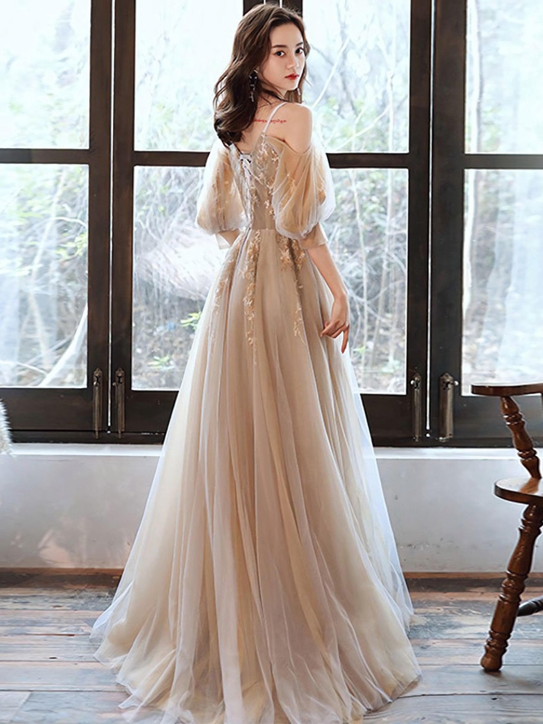 Champagne V Neck Tulle Lace Long Prom Dress Champagne Prom Dresses