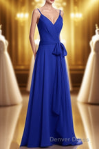 Royal Blue V-Neck Spaghetti Straps Tea-Length Bridesmaid Dresses