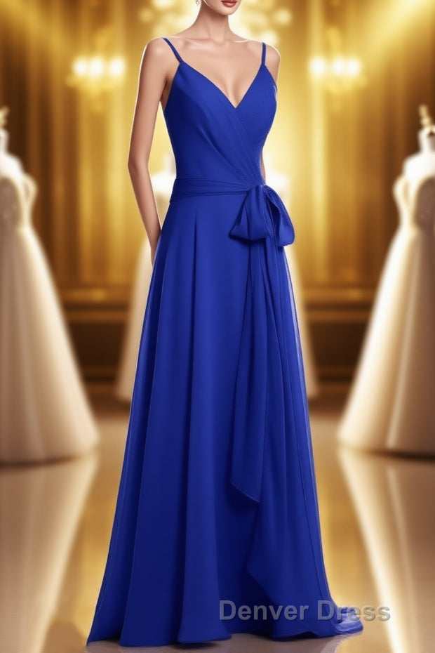 Royal Blue V-Neck Spaghetti Straps Tea-Length Bridesmaid Dresses