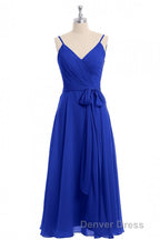 Royal Blue V Neck Spaghetti Straps Tea Length Bridesmaid Dresses