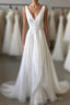 Simple White V Neck Tulle Long Prom Dresses, White Evening Dresses