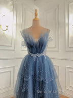 Gray Blue Tulle Beads Long Prom Dresses, Blue Tulle Formal Dresses