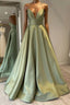 Green Simple A Line Satin Spaghetti Straps Long Prom Dresses