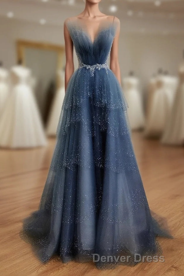 Gray Blue Tulle Beads Long Prom Dress, Blue Tulle Prom Dresses