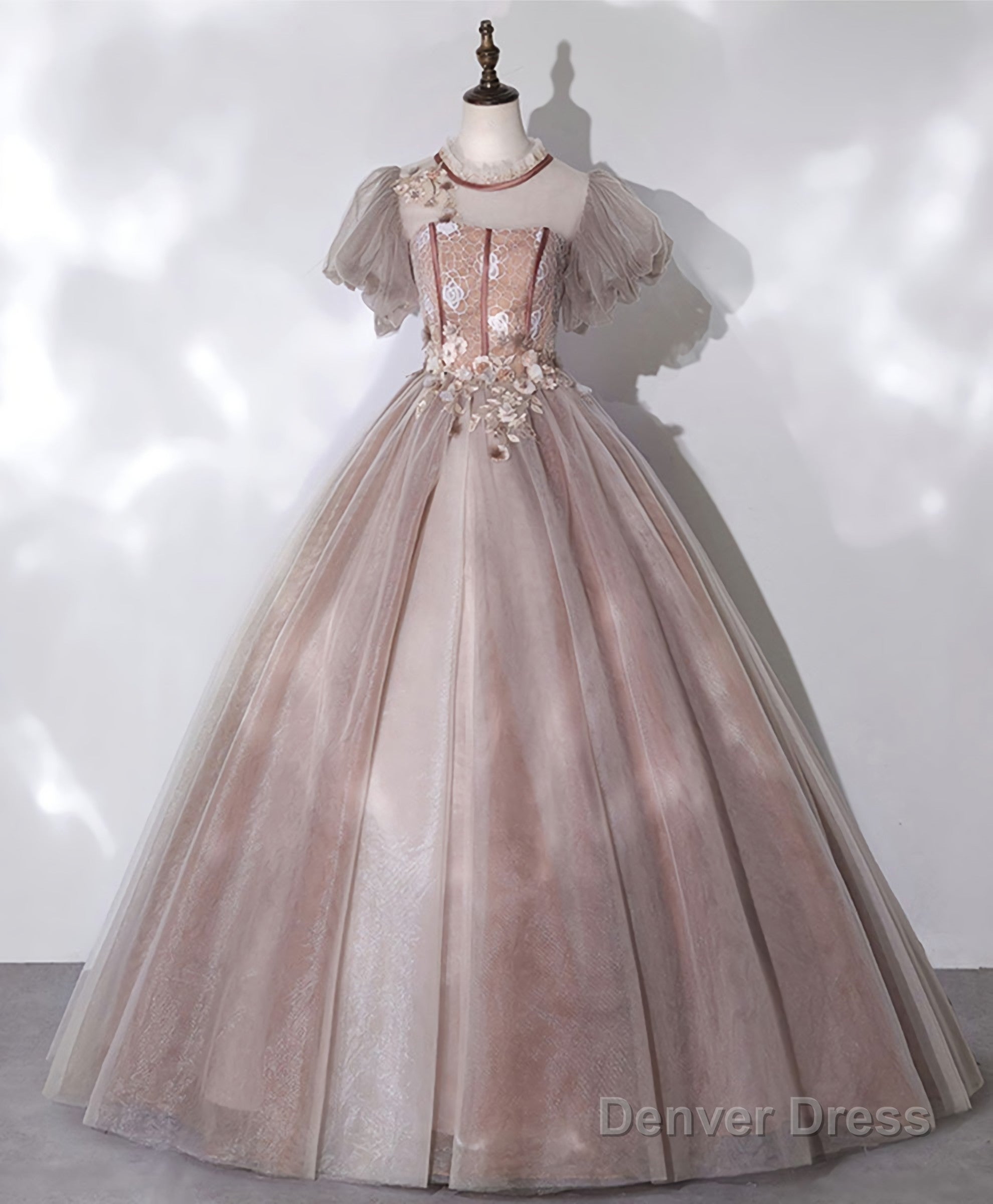 Pink Tulle Lace Long Prom Dress, Pink Lace Sweet 16 Dresses, 1
