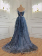 Gray Blue Tulle Beads Long Prom Dresses, Blue Tulle Formal Dresses