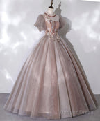 Pink Tulle Lace Long Prom Dress, Pink Lace Sweet 16 Dresses, 1