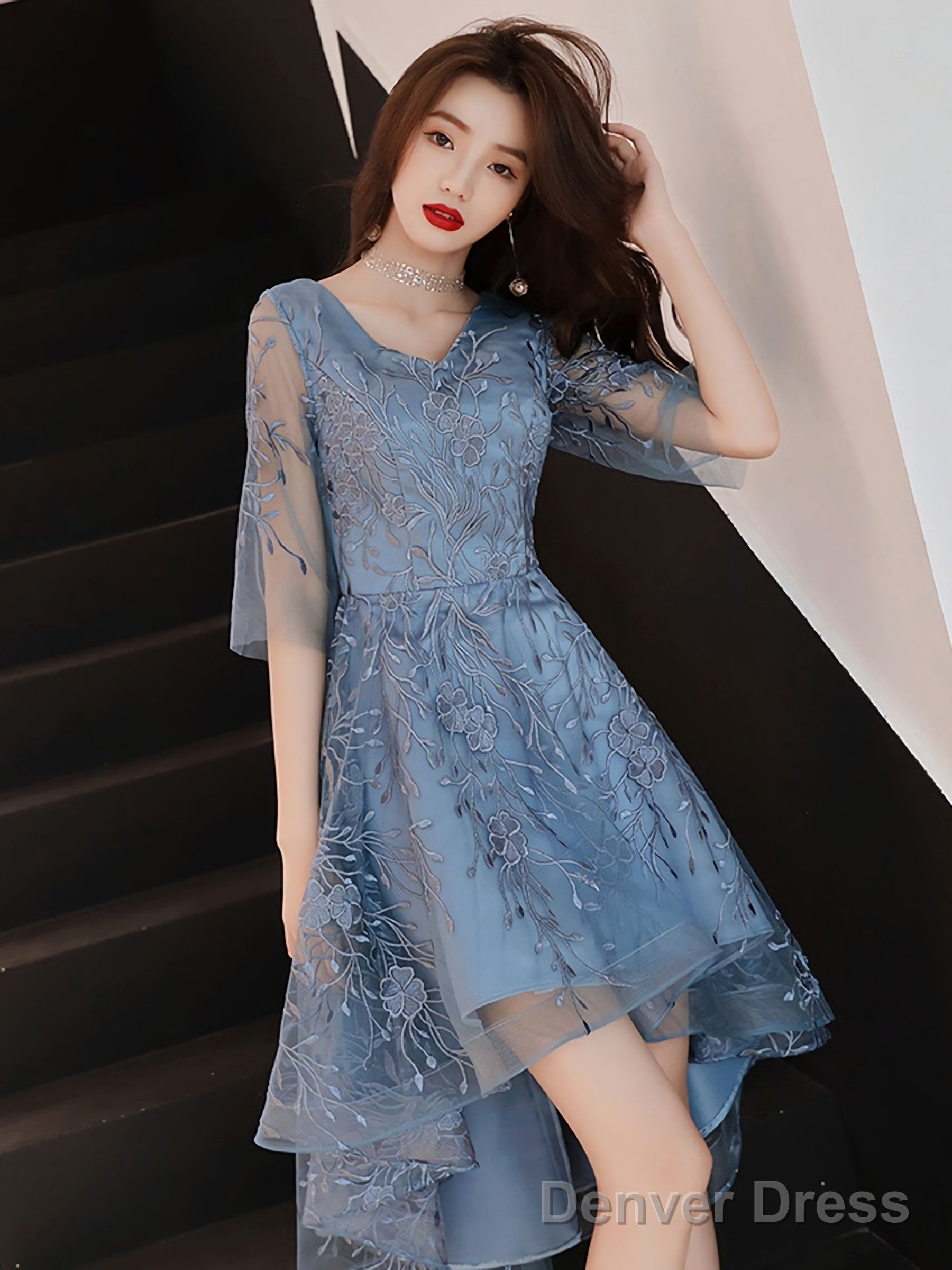 Blue V Neck Tulle Lace High Neck Prom Dress Blue Lace Homecoming Dress Main image