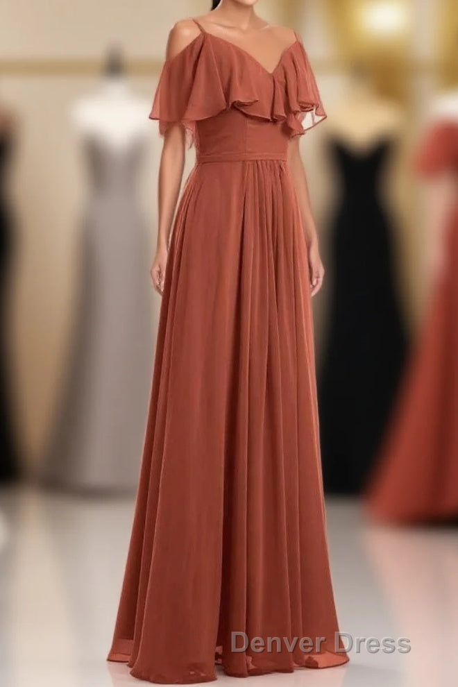 Rust Orange Straps Ruffled A-Line Bridesmaid Dresses