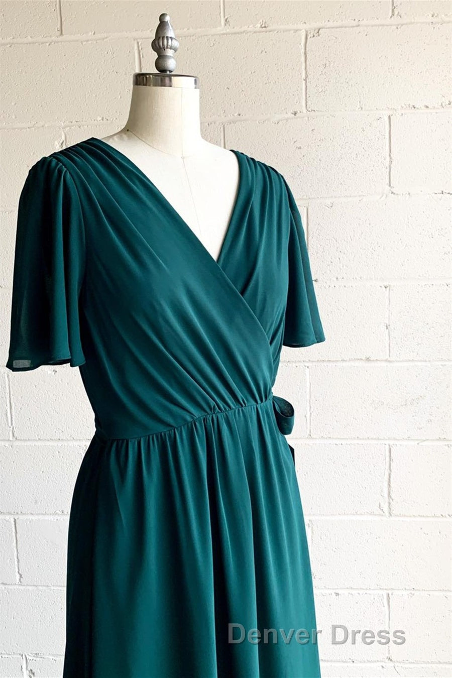 Faux Wrap V Neck Pleated Chiffon Hi Low Bridesmaid Dresses with Sleeves