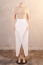 Crew Sheath Ankle Length Zipper Beads Split Side Short Sleeve Prom Dresses