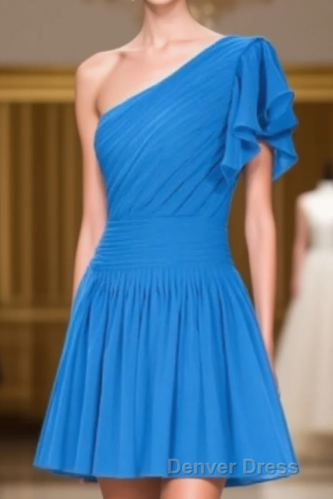Blue One Shoulder Ruffled Sleeve Short Bridesmaid Dresses Main image
