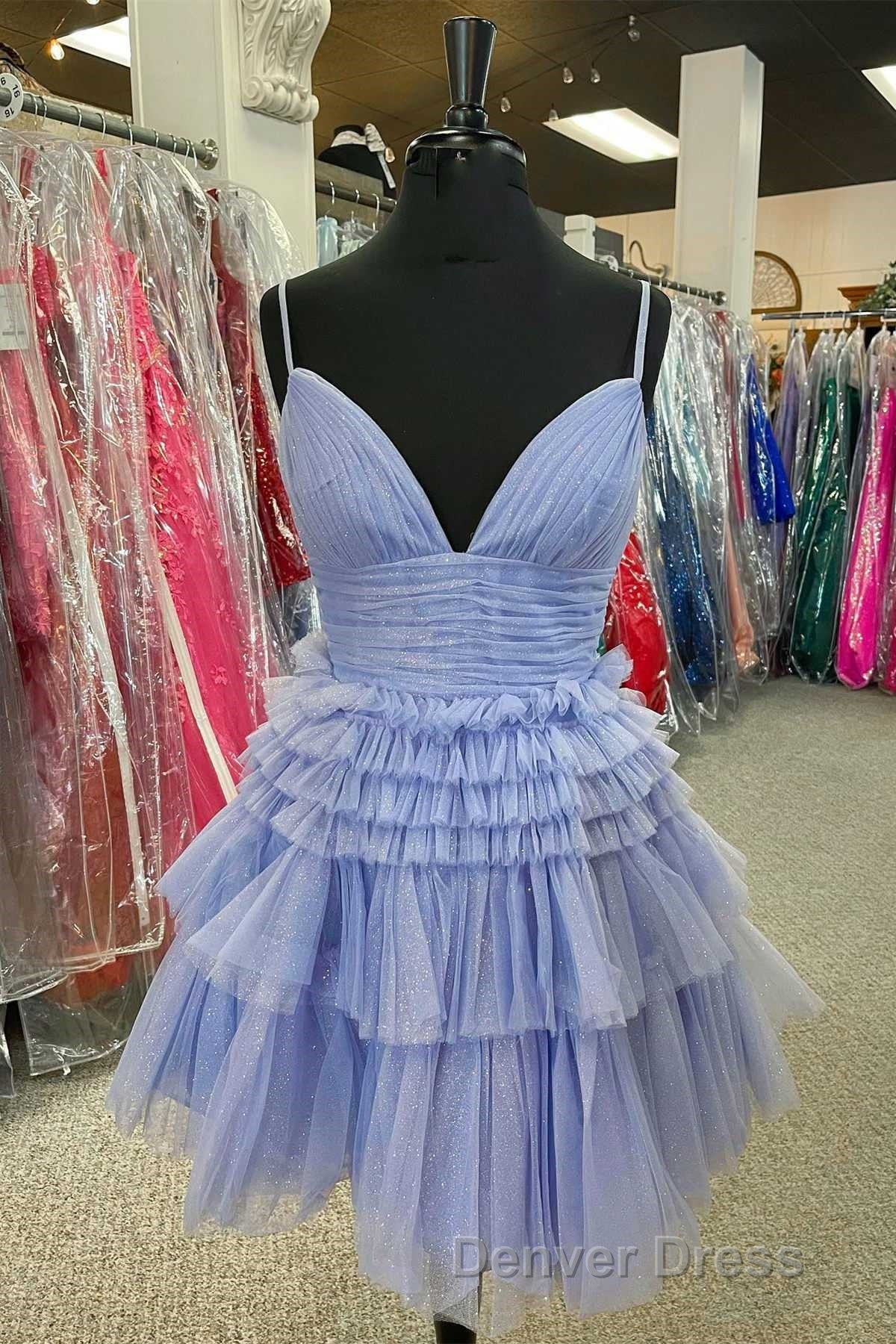 Multi Tiered V Neck Backless A Line Short Prom Dresses