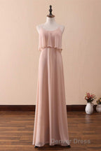 Blush Pink Spaghetti Strap Ruffled Long Bridesmaid Dresses