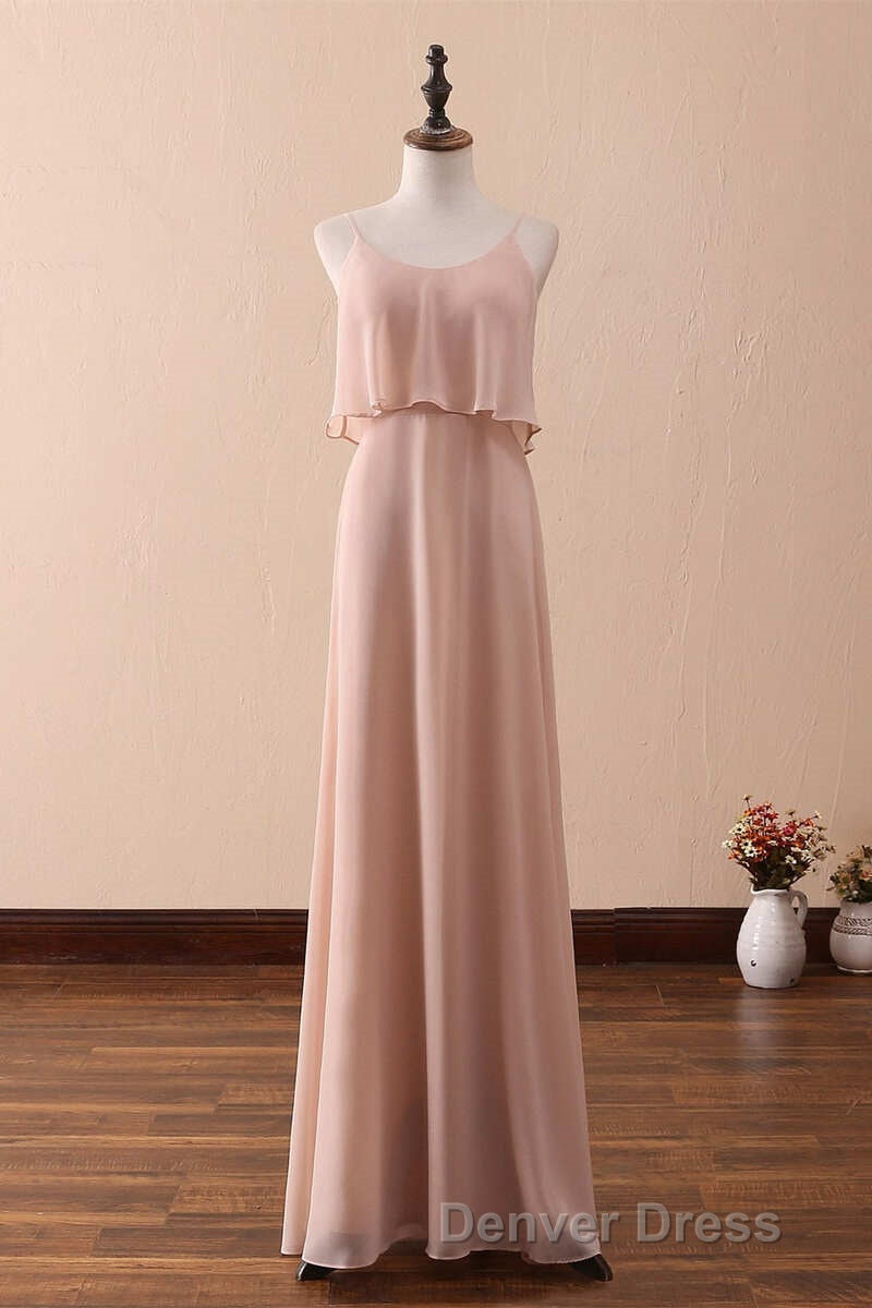 Blush Pink Spaghetti Strap Ruffled Long Bridesmaid Dresses