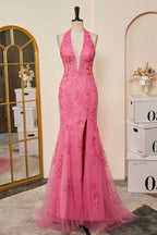 Pink Plunging Halter Appliques Mermaid Long Prom Dresses with Slit