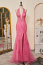Pink Plunging Halter Appliques Mermaid Long Prom Dresses with Slit