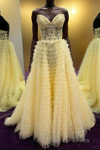 Yellow Lace-Up Floral Multi-Layers Strapless A-line Long Prom Dresses