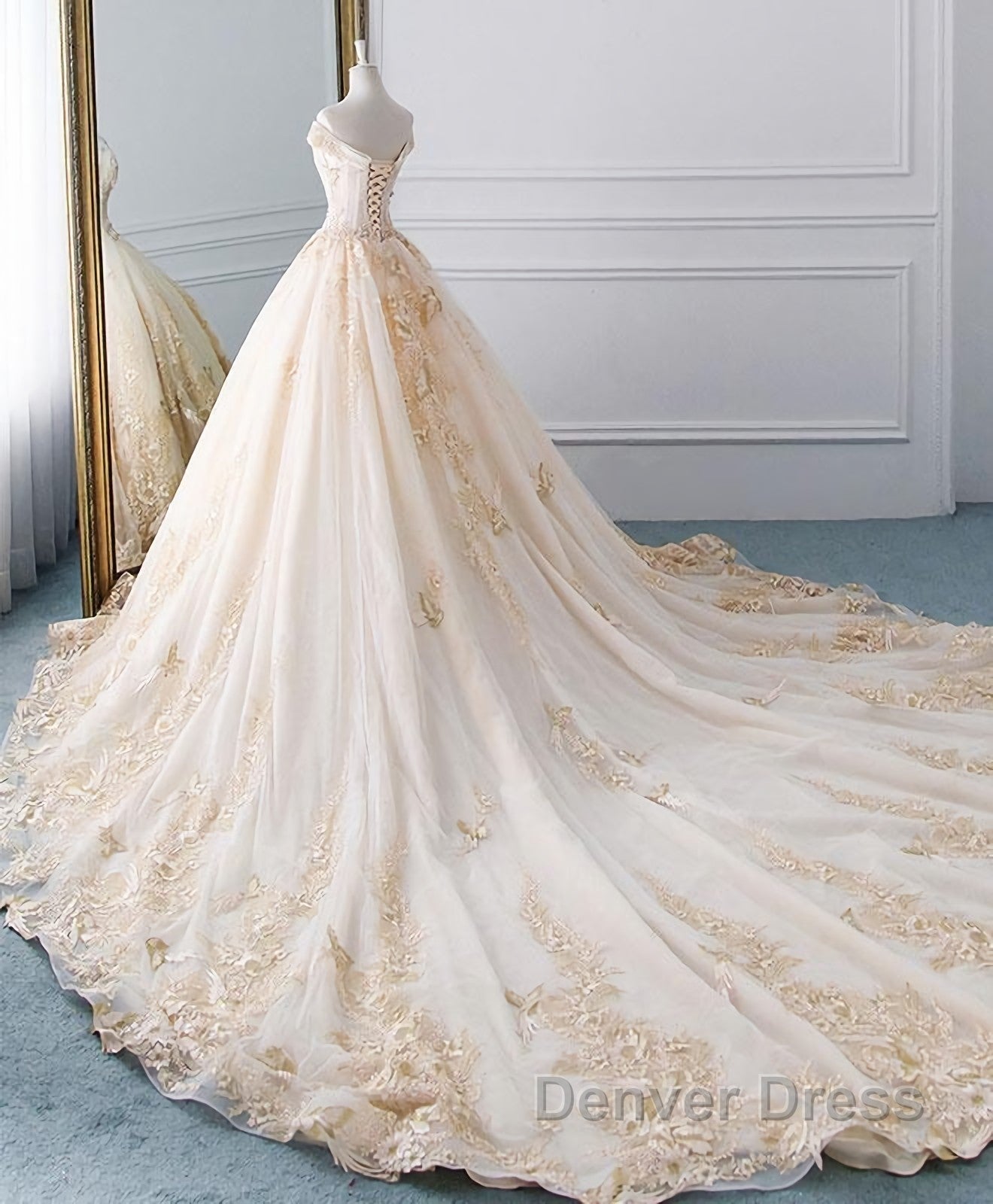 Unique Champagne Tulle Lace Long Wedding Dresses, Bridal Gown
