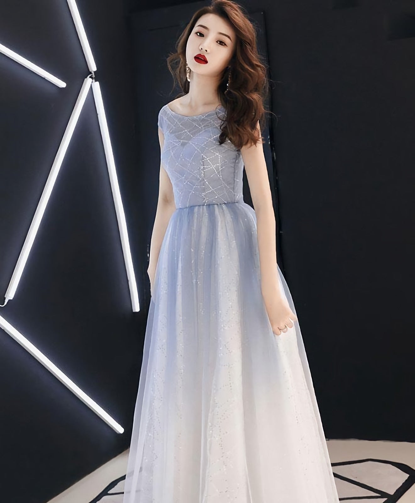 Blue Round Neck Tulle Long Prom Dress, Blue Tulle Prom Dresses