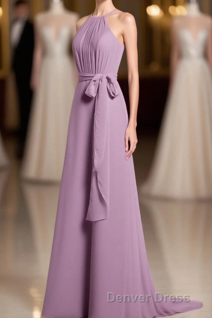 Dusty Purple Halter Keyhole Back Long Bridesmaid Dresses Main image