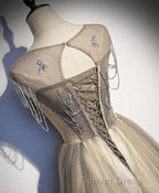 Champagne Round Neck Sequin Long Prom Dresses, Tulle Formal Dresses