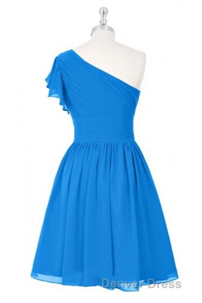 Blue One Shoulder Ruffled Sleeve Short Bridesmaid Dresses Secondary image