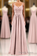 Dusty Pink Spaghetti Straps Banded Waist Long Bridesmaid Dresses