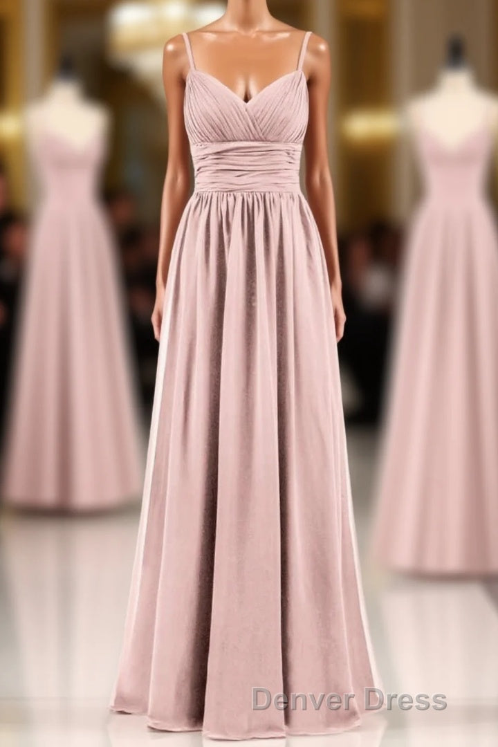 Dusty Pink Spaghetti Straps Banded Waist Long Bridesmaid Dresses