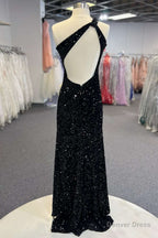 Black Sequin One-Shoulder Cutout Long Prom Dress