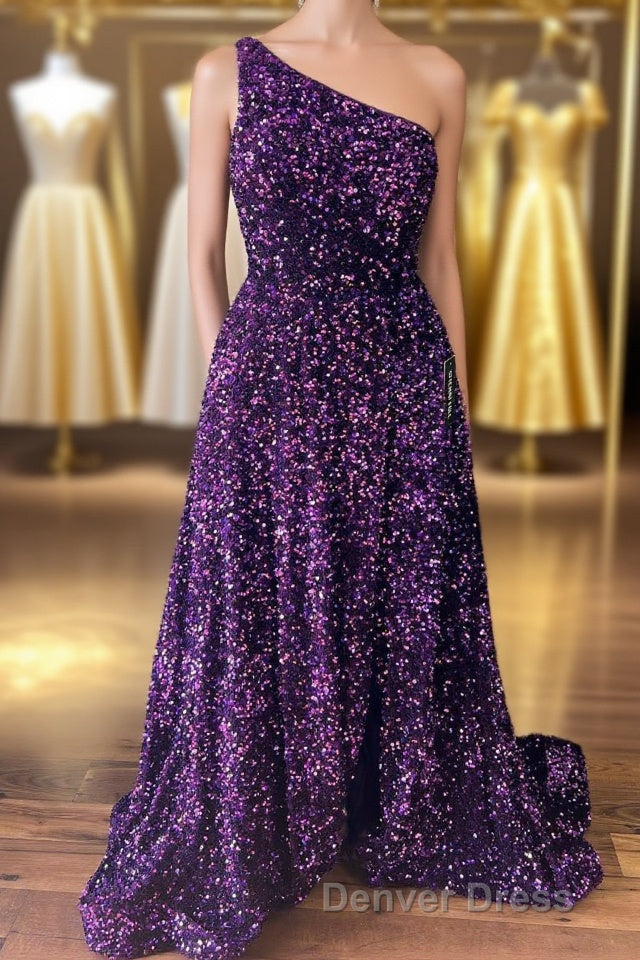 Purple Sequin One-Shoulder Backless A-Line Long Prom Dresses Main image