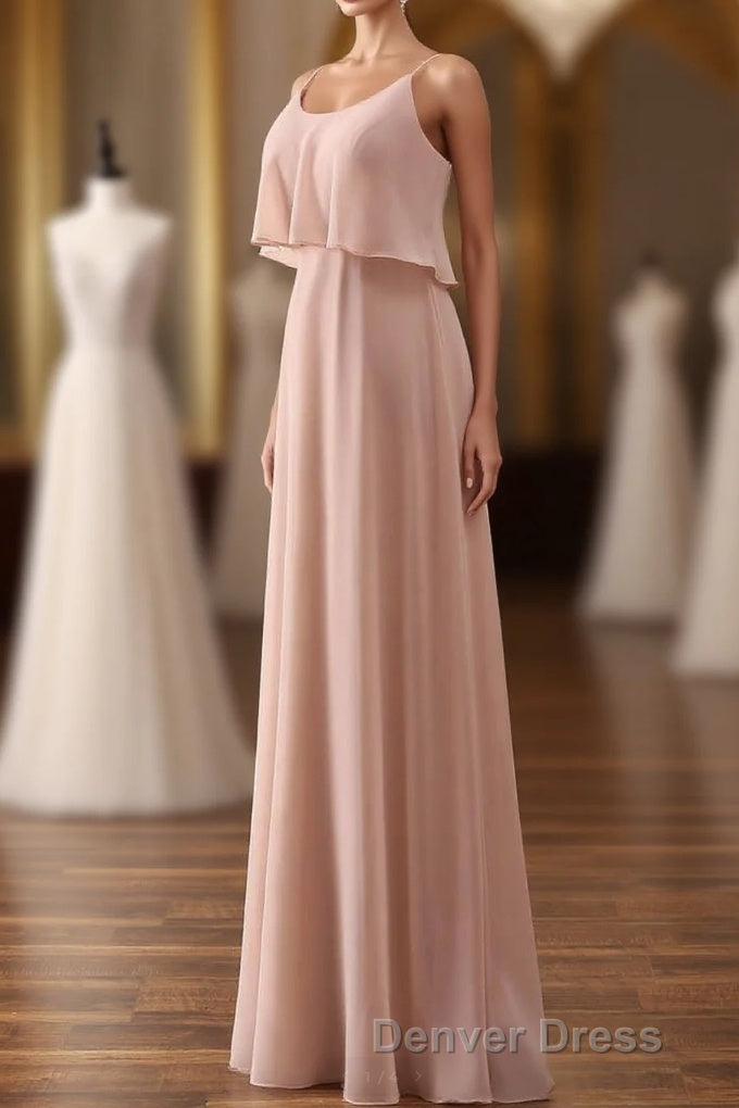 Blush Pink Spaghetti Strap Ruffled Long Bridesmaid Dresses Main image