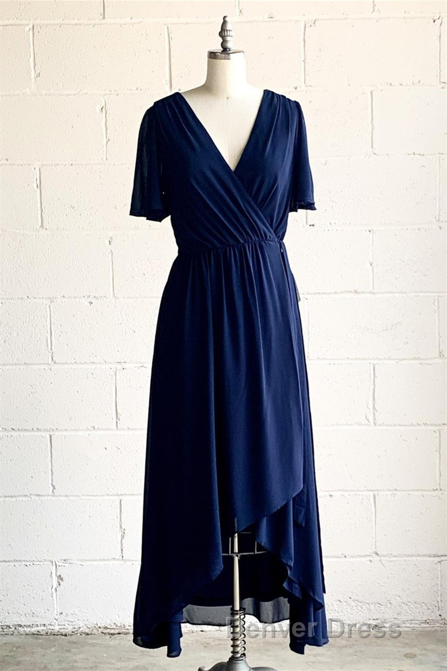 Faux-Wrap V Neck Pleated Chiffon Hi-Low Bridesmaid Dresses with Sleeves