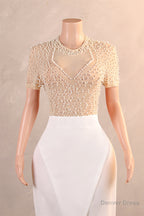 Crew Sheath Ankle Length Zipper Beads Split Side Short Sleeve Prom Dresses