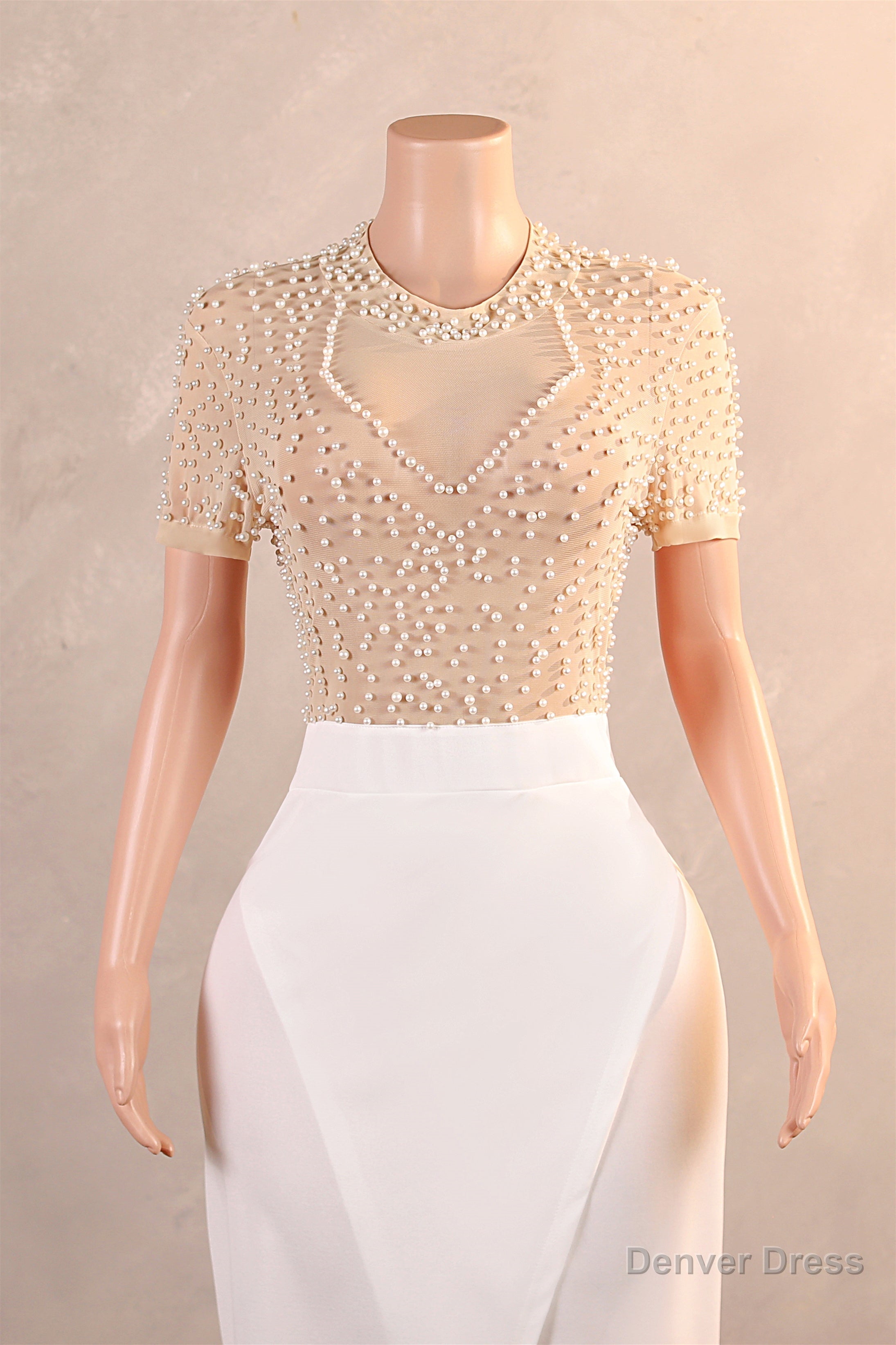 Crew Sheath Ankle Length Zipper Beads Split Side Short Sleeve Prom Dresses
