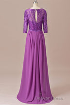 Purple Lace Round Neck Keyhole Back Long Mother of the Bride Dresses