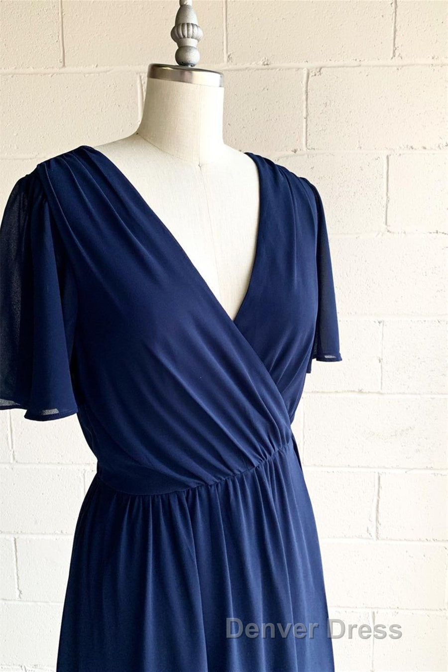 Faux Wrap V Neck Pleated Chiffon Hi Low Bridesmaid Dresses with Sleeves
