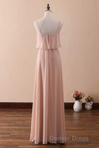 Blush Pink Spaghetti Strap Ruffled Long Bridesmaid Dresses
