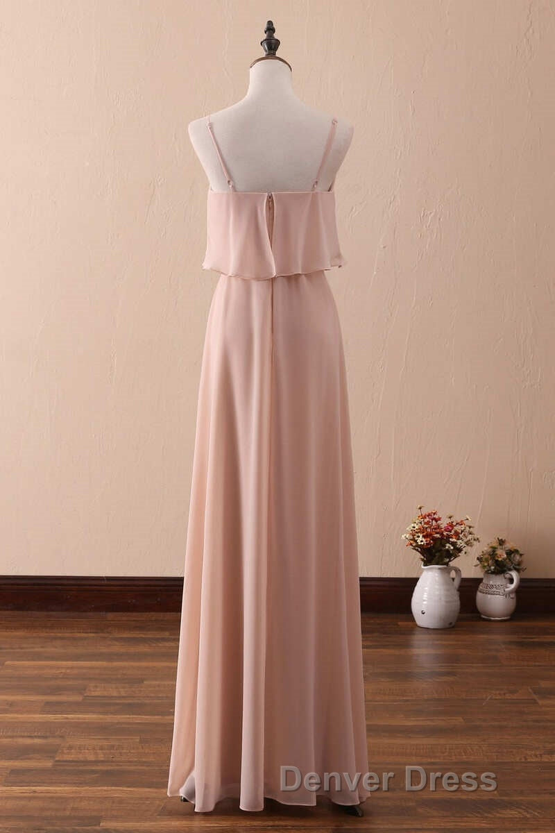 Blush Pink Spaghetti Strap Ruffled Long Bridesmaid Dresses
