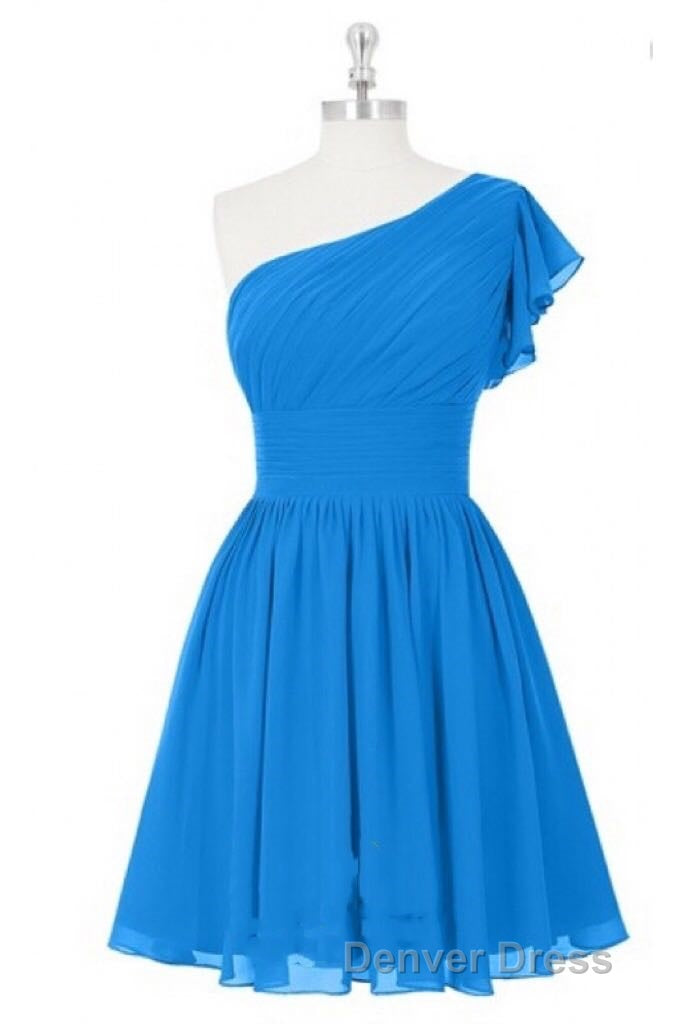 Blue One Shoulder Ruffled Sleeve Short Bridesmaid Dresses