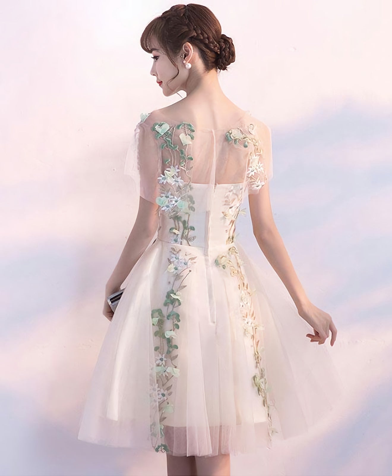 Champagne Tulle Lace Applique Short Prom Dress Homecoming Dresses