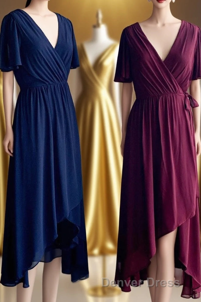 Faux-Wrap V Neck Pleated Chiffon Hi-Low Bridesmaid Dresses with Sleeves Main image
