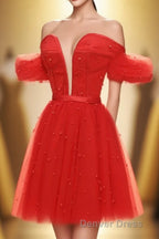 Red Off-the-Shoulder Bustier A-Line Short Homecoming Dresses