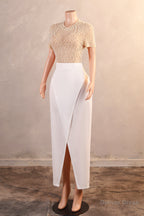 Crew Sheath Ankle Length Zipper Beads Split Side Short Sleeve Prom Dresses