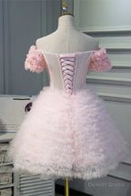 Pink Off The Shoulder Multi tiered A Line Homecoming Dresses