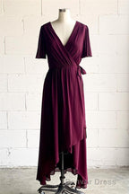 Faux Wrap V Neck Pleated Chiffon Hi Low Bridesmaid Dresses with Sleeves