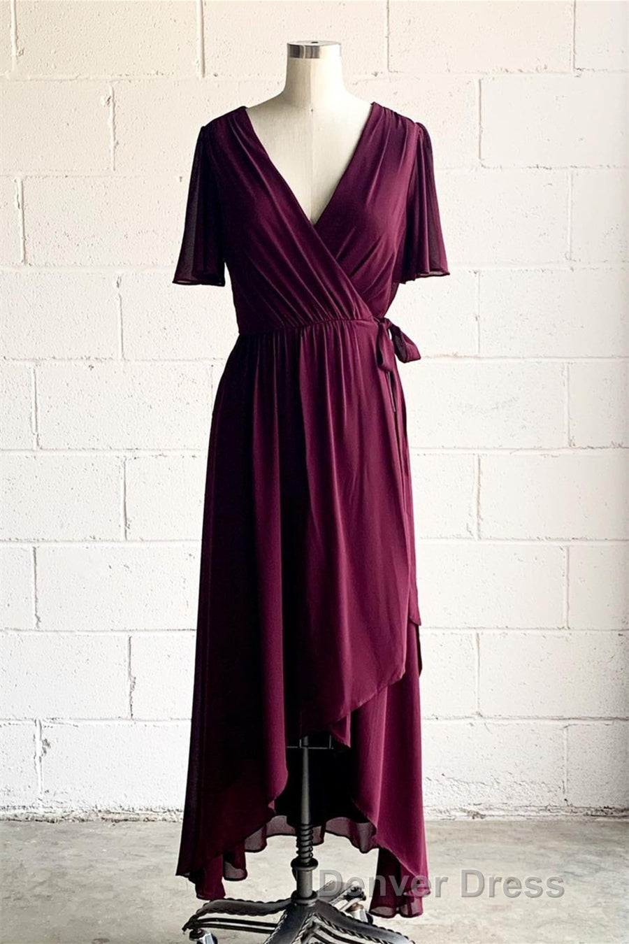 Faux Wrap V Neck Pleated Chiffon Hi Low Bridesmaid Dresses with Sleeves